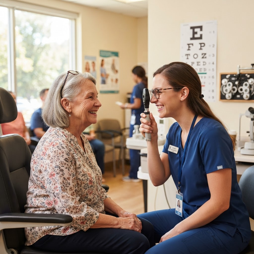 An optometrist providing a free eye screening to a senior community member